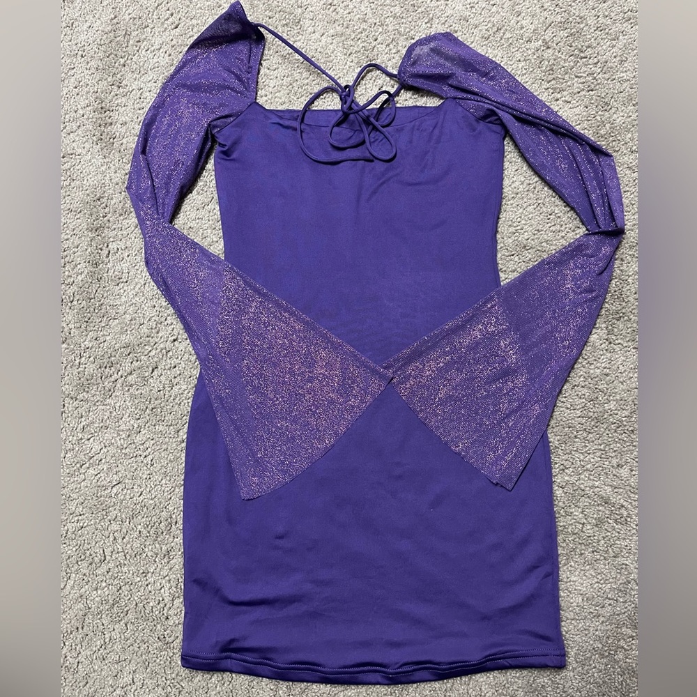 Lucy in the Sky Purple women’s medium bodycon glitter dress with bell sleeves